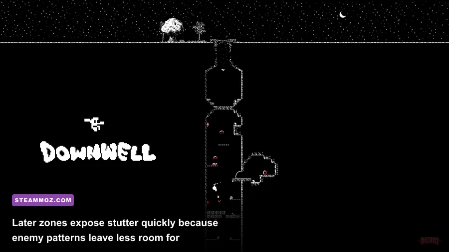 Downwell Catacombs gameplay with enemies and hazards surrounding the player