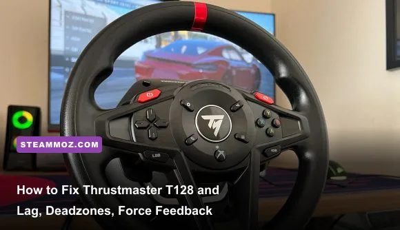 Thrustmaster T128 racing wheel clamped to a gaming desk in front of a racing simulator