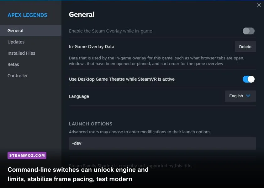 Steam game launch options configuration window for Apex Legends