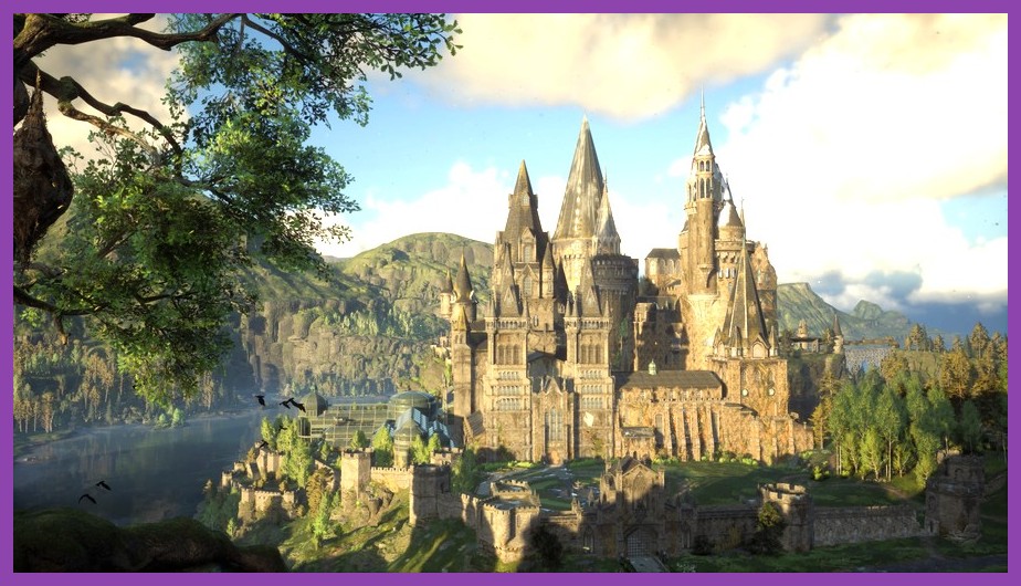 Panoramic view of Hogwarts Castle against a sunset sky in Hogwarts Legacy