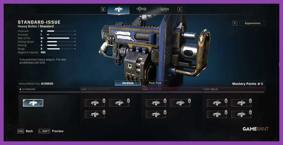 Weapon mastery progression screen showing Master-Crafted, Artificer, and Relic tiers