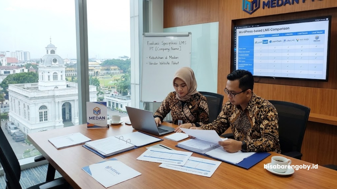 Manajer SDM dan pengadaan mengevaluasi spesifikasi saat membandingkan paket website LMS untuk perusahaan di Medan berbasis WordPress