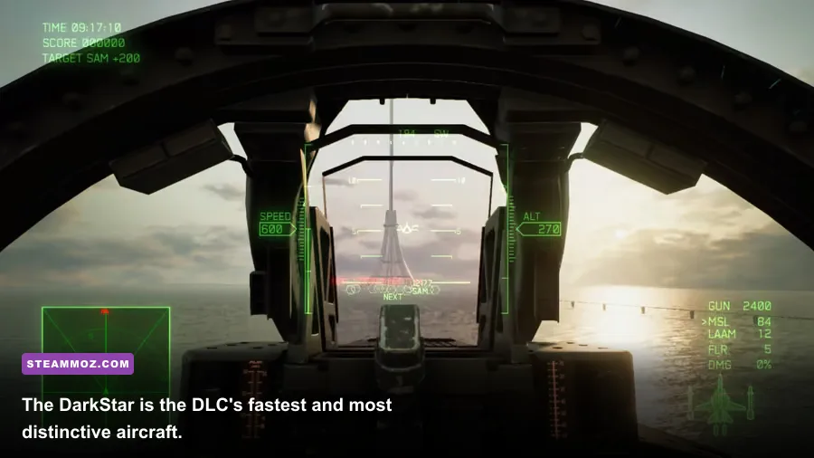DarkStar aircraft from the Top Gun Maverick set flying at extreme speed in Ace Combat 7