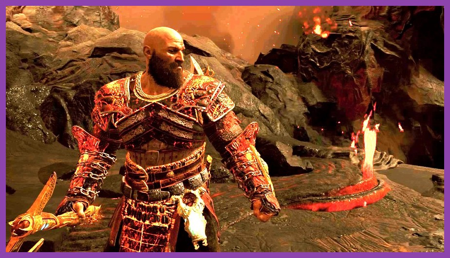 Kratos battling enemies inside the volcanic realm of Muspelheim in God of War