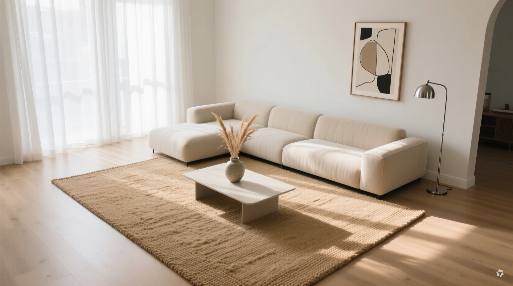 oversized area rug under a sectional sofa in an open-plan living room
