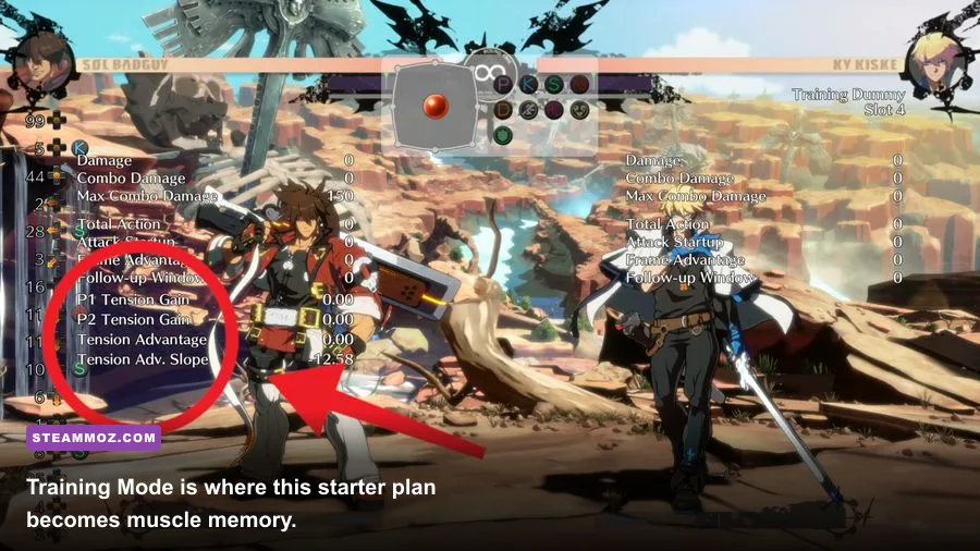 Guilty Gear Strive training mode showing Sol Badguy attack settings
