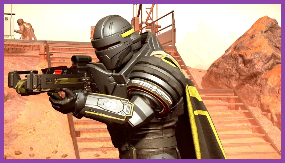 Heavy demolitionist Helldiver firing a Grenade Launcher into an Automaton Fabricator.