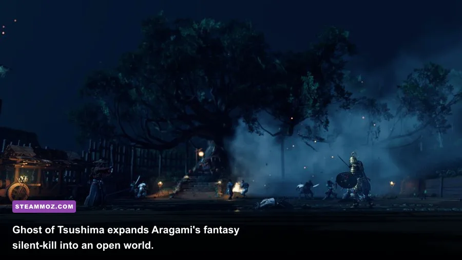 Jin Sakai infiltrating a Mongol fortress at night in Ghost of Tsushima