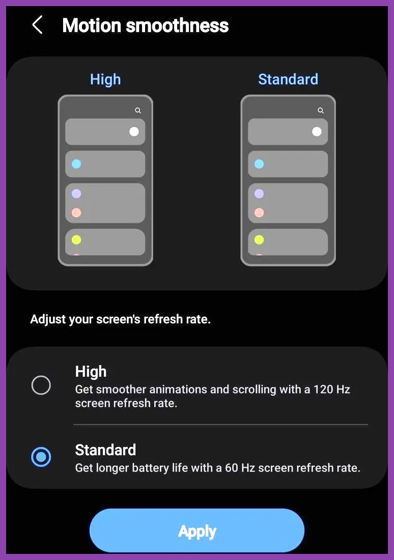Android system settings for battery and refresh rate optimization