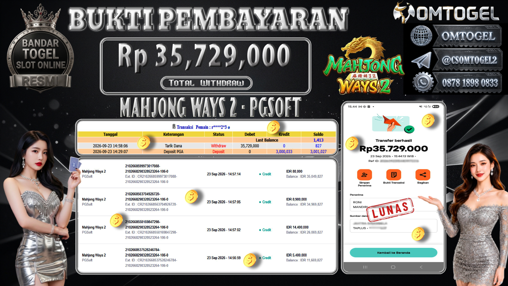 OMTOGEL JACKPOT PGSOFT MAHJONG WAYS 2 Rp.35,729,000,- DIBAYAR LUNAS