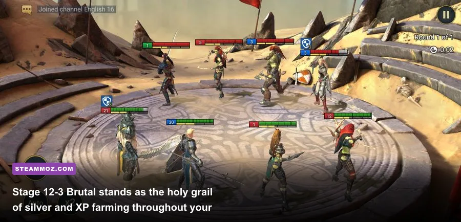 Kael clearing Stage 12-3 Brutal campaign surrounded by food champions in Raid Shadow Legends