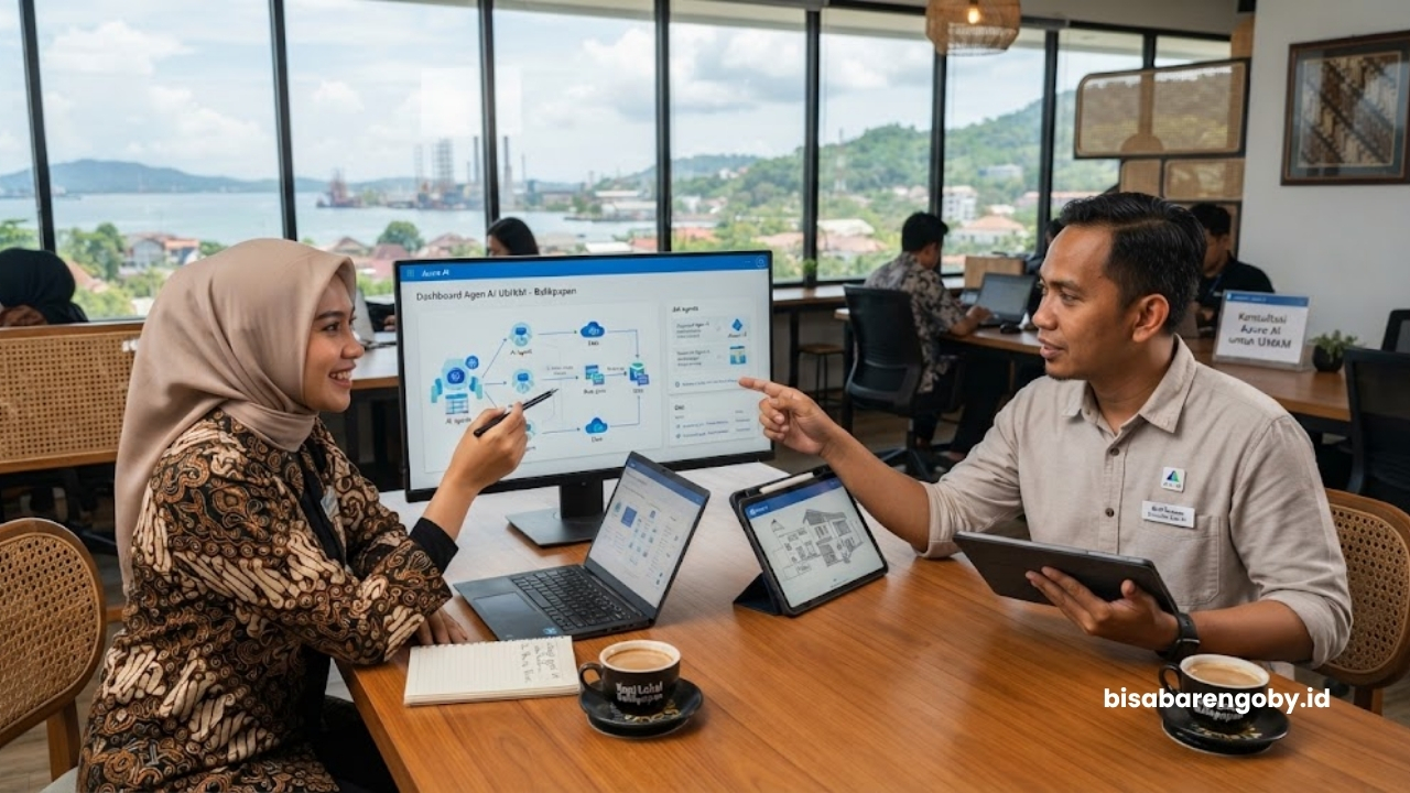 Pemilik bisnis berdiskusi dengan konsultan AI Agent untuk UMKM di Balikpapan berbasis Azure AI