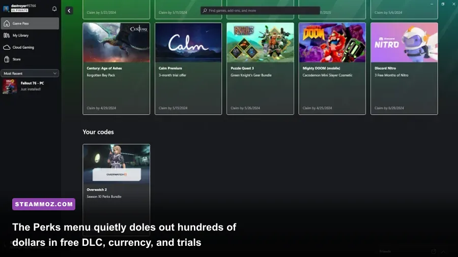 Xbox Game Pass Ultimate Perks tab showing claimed DLC bundles and third-party partner trials