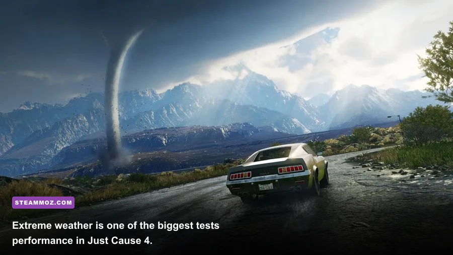 Rico Rodriguez using his wingsuit near a tornado in Just Cause 4