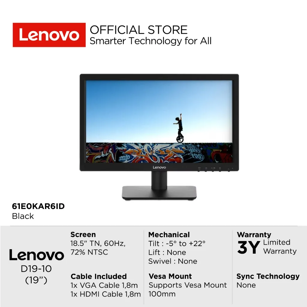Lenovo Monitor D19-10 18.5" 1366x768 TN WLED Antiglare 60Hz 72% NTSC Supports VESA mount Stand Supports -5° to +22° tilt Response Time 5 ms, Garansi Resmi Lenovo Indonesia 3 Tahun 61E0KAR6ID Black