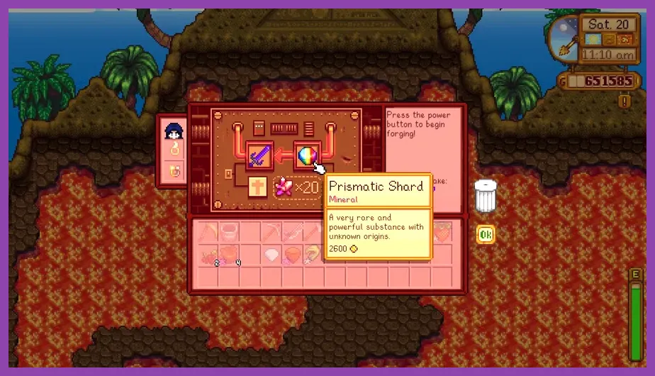 Stardew Valley Volcano Forge weapon enchantment menu with Crusader and Artful options