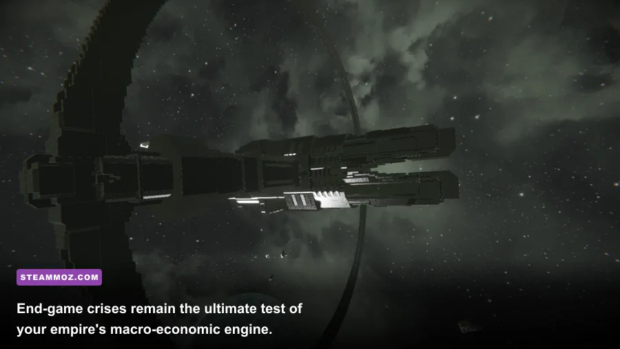 Stellaris Colossus charging its superweapon over an alien homeworld