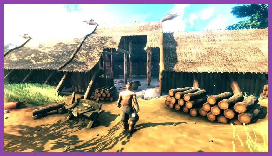 Valheim character running and jumping across the Meadows biome