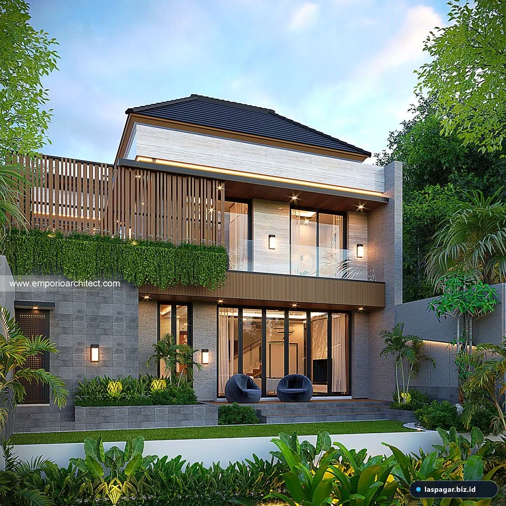 taman depan rumah 2 lantai minimalis modern dengan kanopi dan railing besi