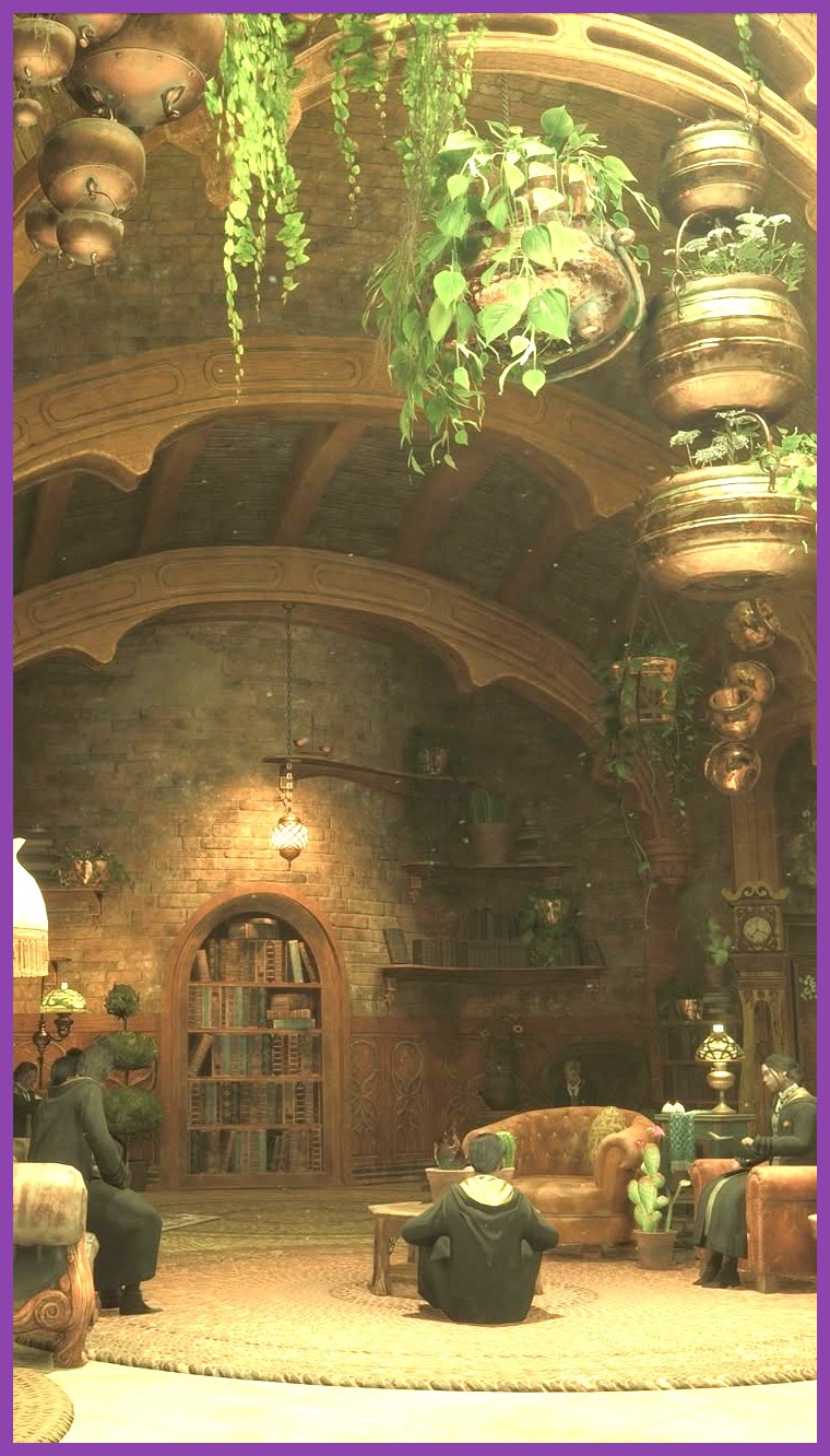 The warm, plant-filled Hufflepuff common room in Hogwarts Legacy