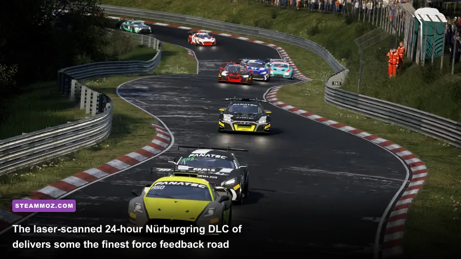 A GT3 car bouncing through the concrete banking of the Karussell on the laser-scanned 24h Nürburgring layout