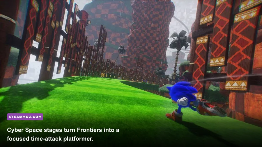 Sonic racing through a Cyber Space stage in Sonic Frontiers on PC