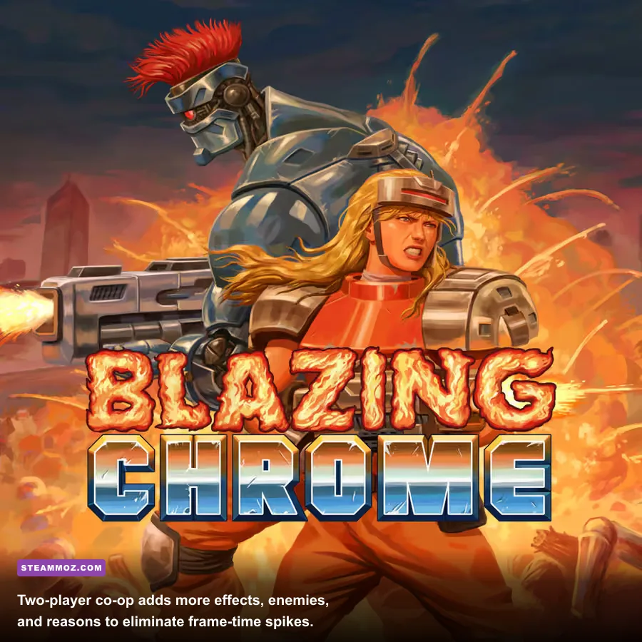 Blazing Chrome local co-op gameplay with two pixel-art resistance soldiers