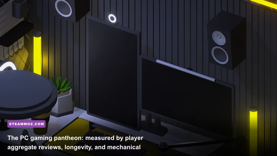 Modern gaming PC setup displaying Steam library statistics on high-refresh ultrawide monitor