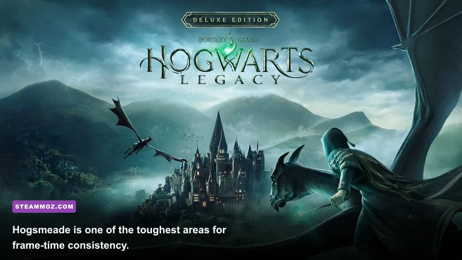 Hogwarts Legacy Hogsmeade gameplay scene with shops and crowded streets