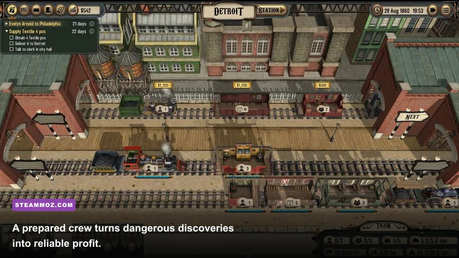 Bounty Train interior showing crew members, train cars, and management interface