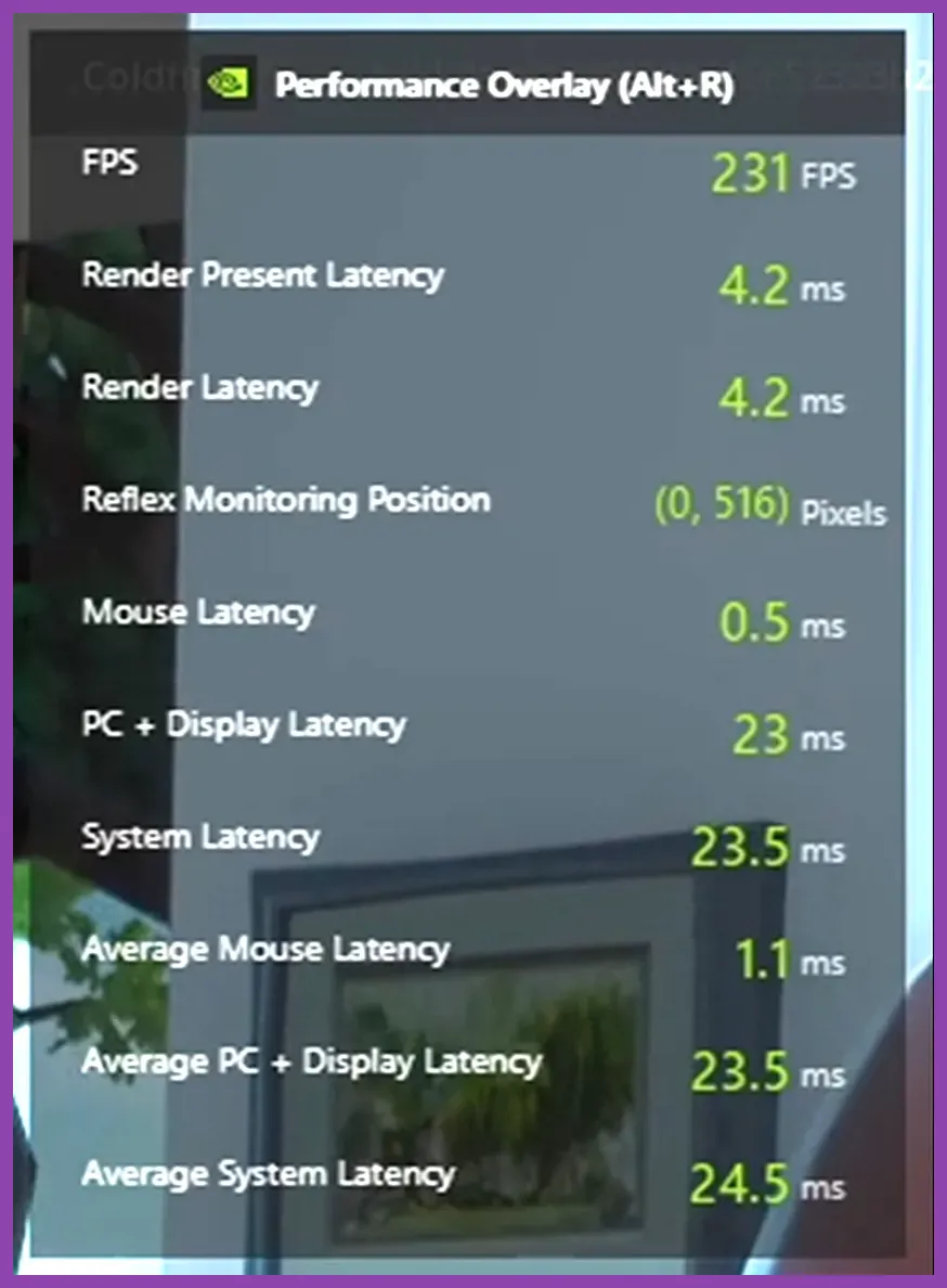 NVIDIA Reflex latency analyzer overlay showing reduced system latency