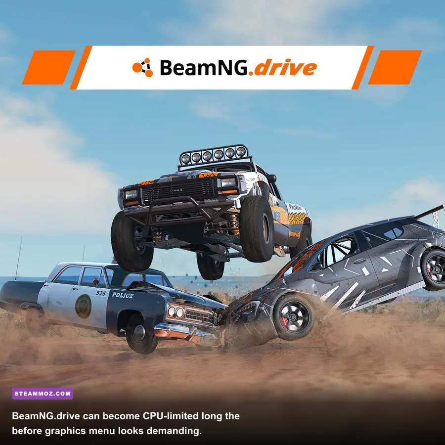 BeamNG.drive gameplay showing detailed vehicle physics and traffic on PC