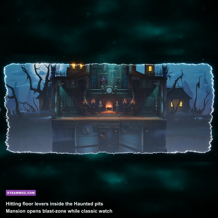 Scooby's Haunted Mansion stage with floor levers and shifting portraits in MultiVersus
