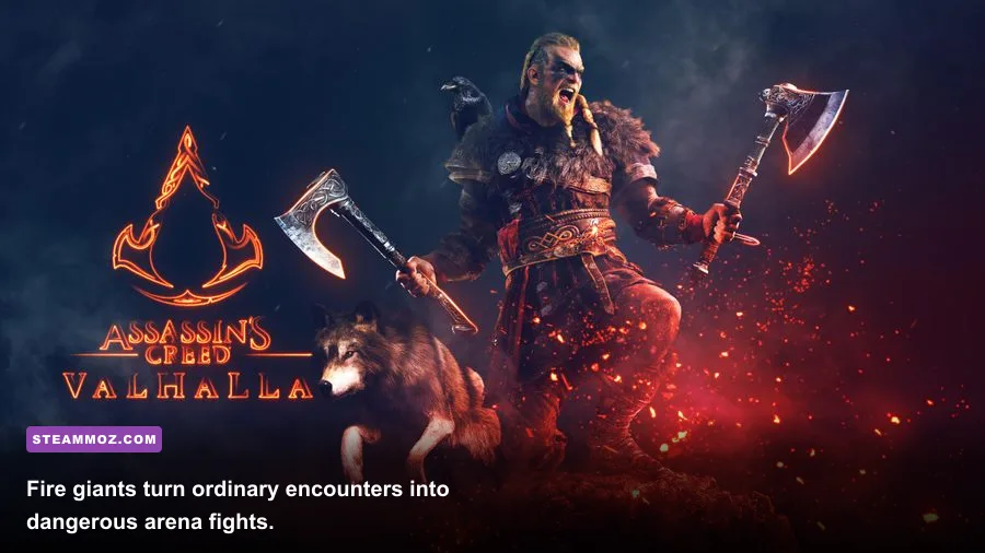 Odin battling fiery Muspelheim enemies in Assassin's Creed Valhalla Dawn of Ragnarok