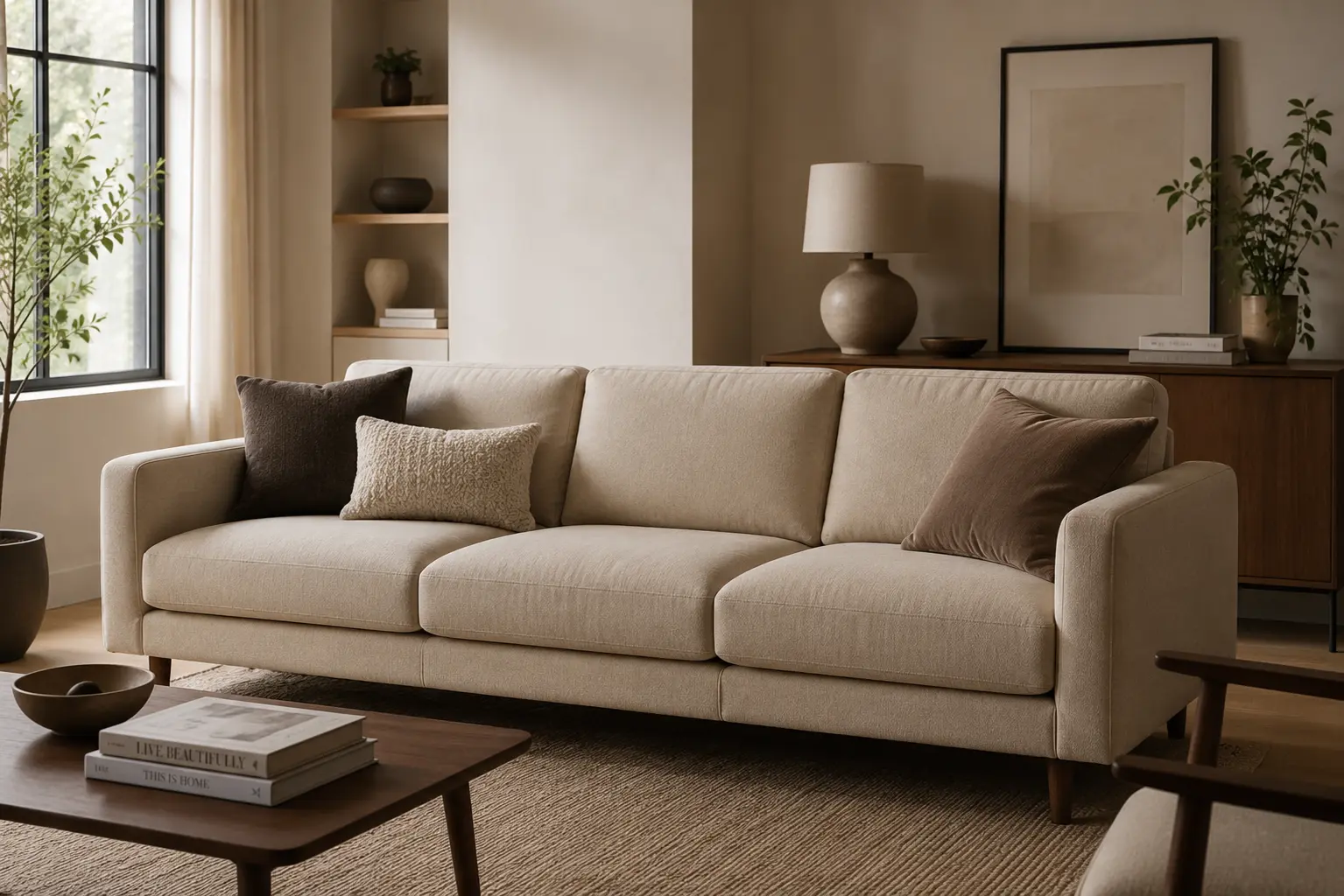 Modern neutral living room with a standard-sized three-seater sofa