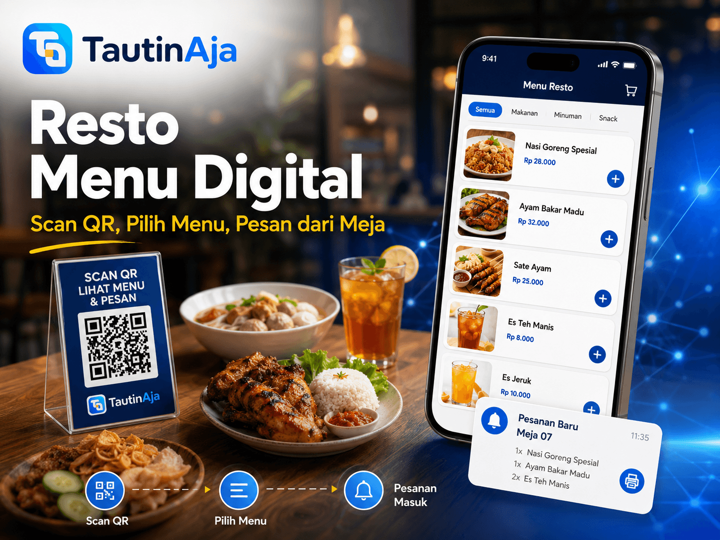 Fitur Resto Menu Digital TautinAja dengan QR Code meja dan pemesanan melalui HP