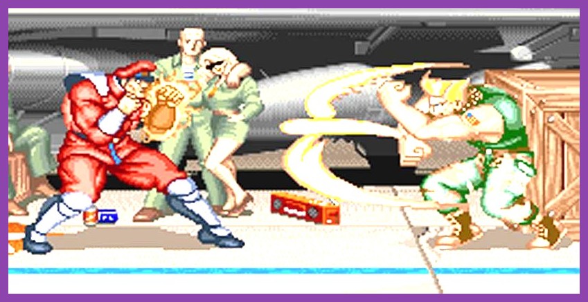 Guile launching a wind blade combo in Street Fighter Duel
