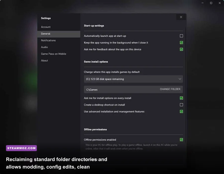 Xbox app settings showing custom installation directory configuration on Windows