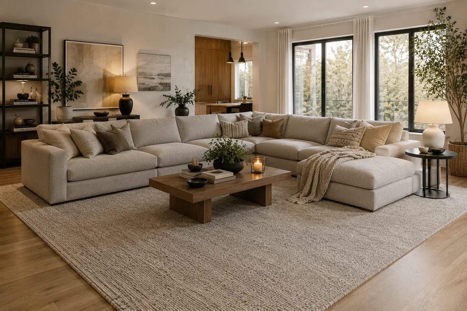 large L-shaped sectional sofa with an expansive area rug fully grounding the entire piece, extending past the chaise lounge
