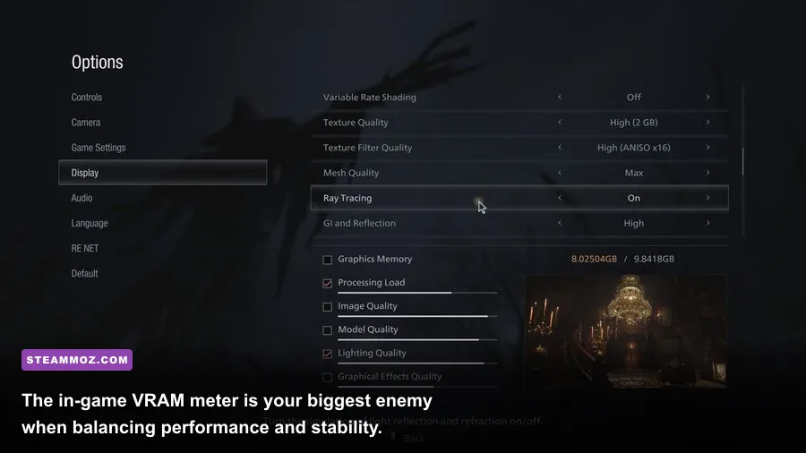 Resident Evil 4 remake PC graphics settings menu showing VRAM usage