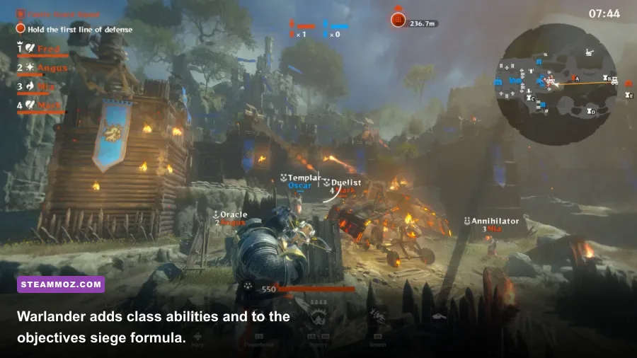 Warlander heroes defending a medieval fortress during a large siege