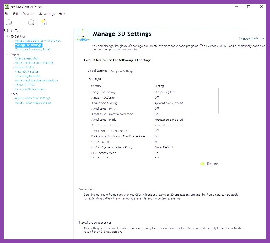 NVIDIA Control Panel performance settings