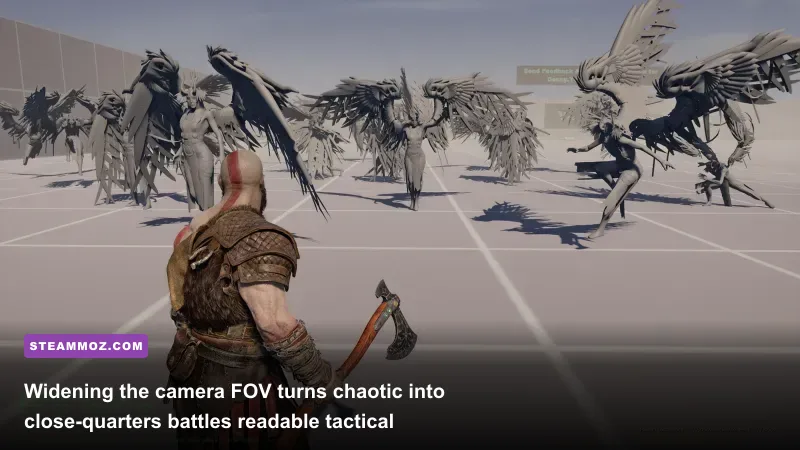 Kratos fighting enemies in God of War with an expanded field of view mod installed
