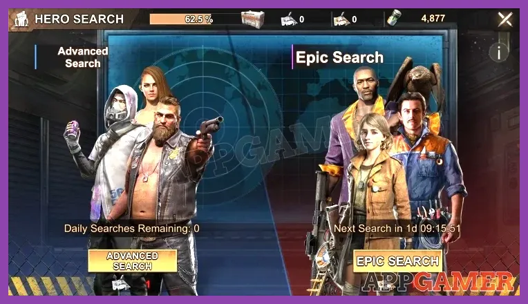 State of Survival Hero Search screen showing legendary hero shards