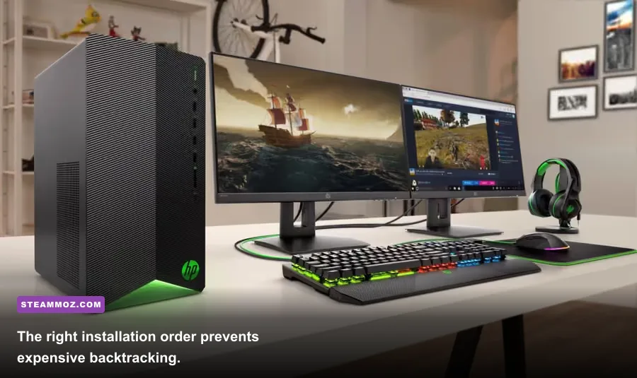 PC Building Simulator player installing a CPU, RAM, motherboard, and graphics card