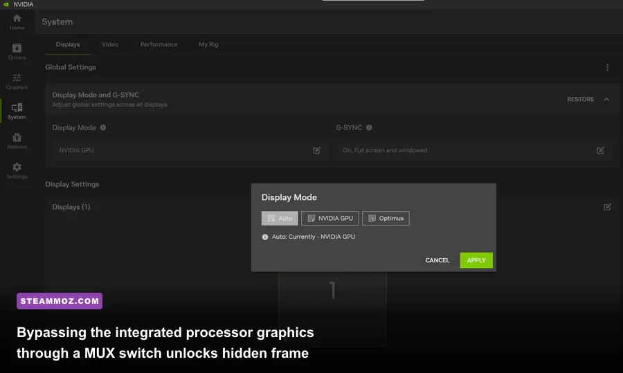 Nvidia Control Panel showing Display Mode options for MUX switch and Advanced Optimus