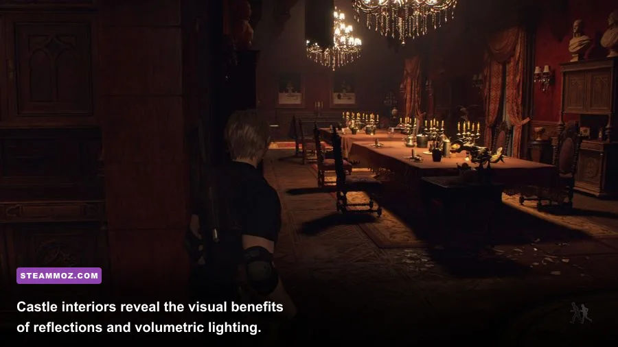 Resident Evil 4 Remake castle interior with detailed lighting and reflections on PC