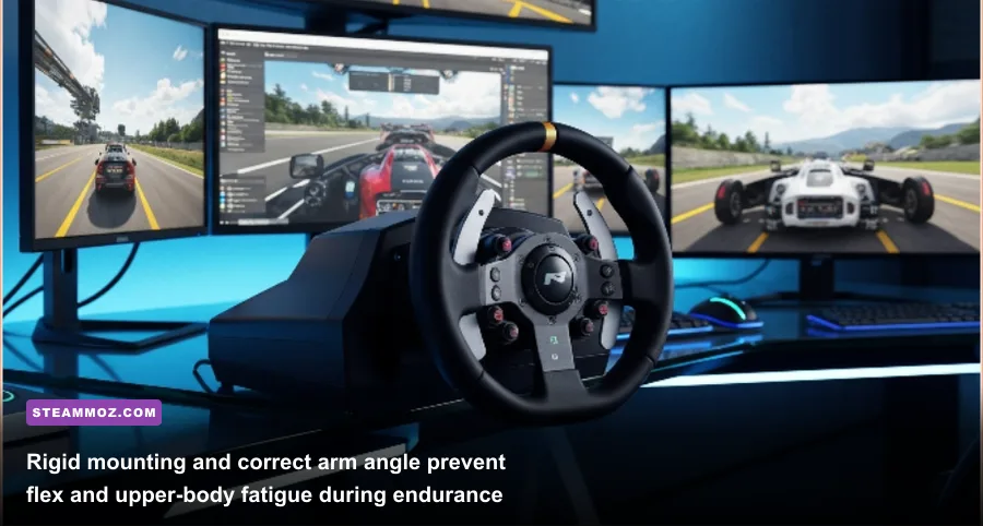 Proper sim racing wheel desk clamp and cockpit seating angle alignment