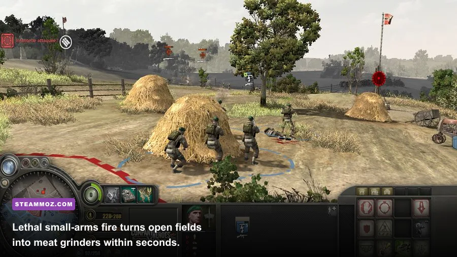 Infantry squad taking heavy machine gun fire behind hedgerows in Company of Heroes