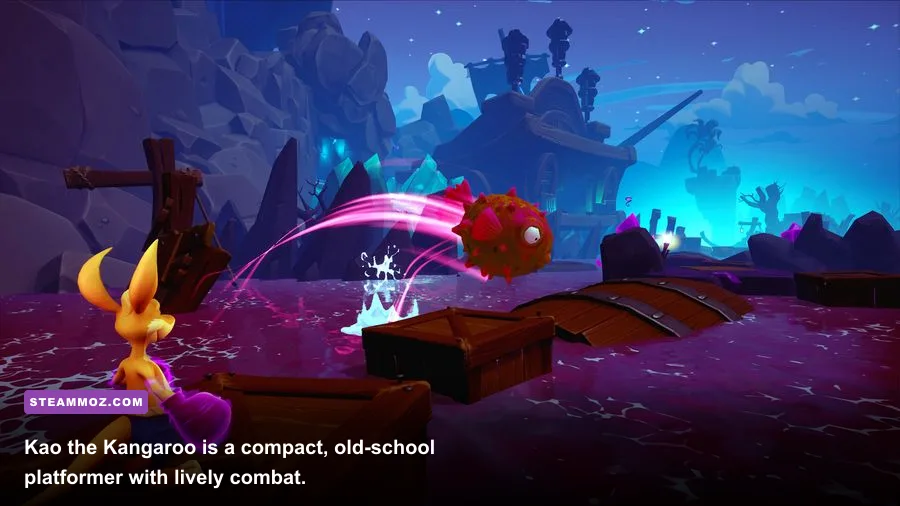 Kao fighting enemies in a colorful 3D platforming world